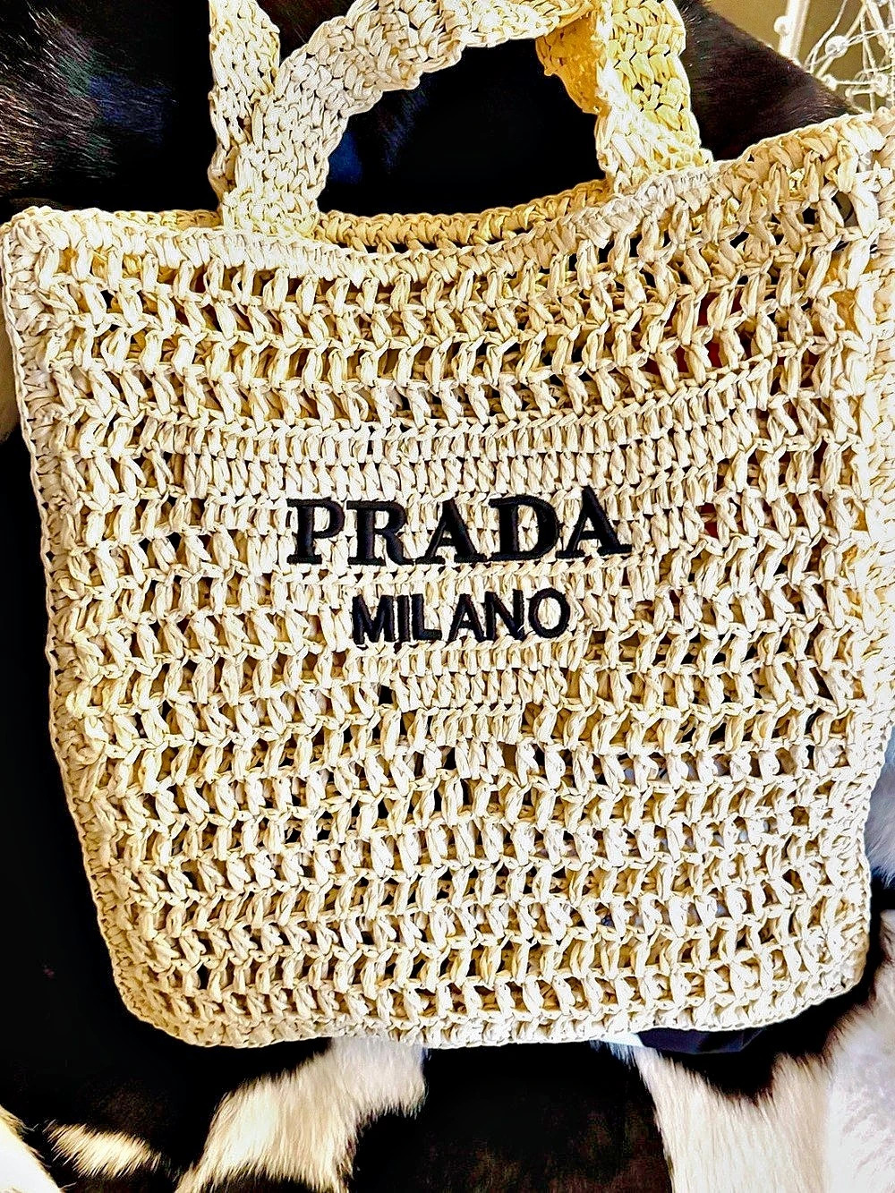 Prada Crochet Raffia-Effect Tote Bag 1BG393 Cream